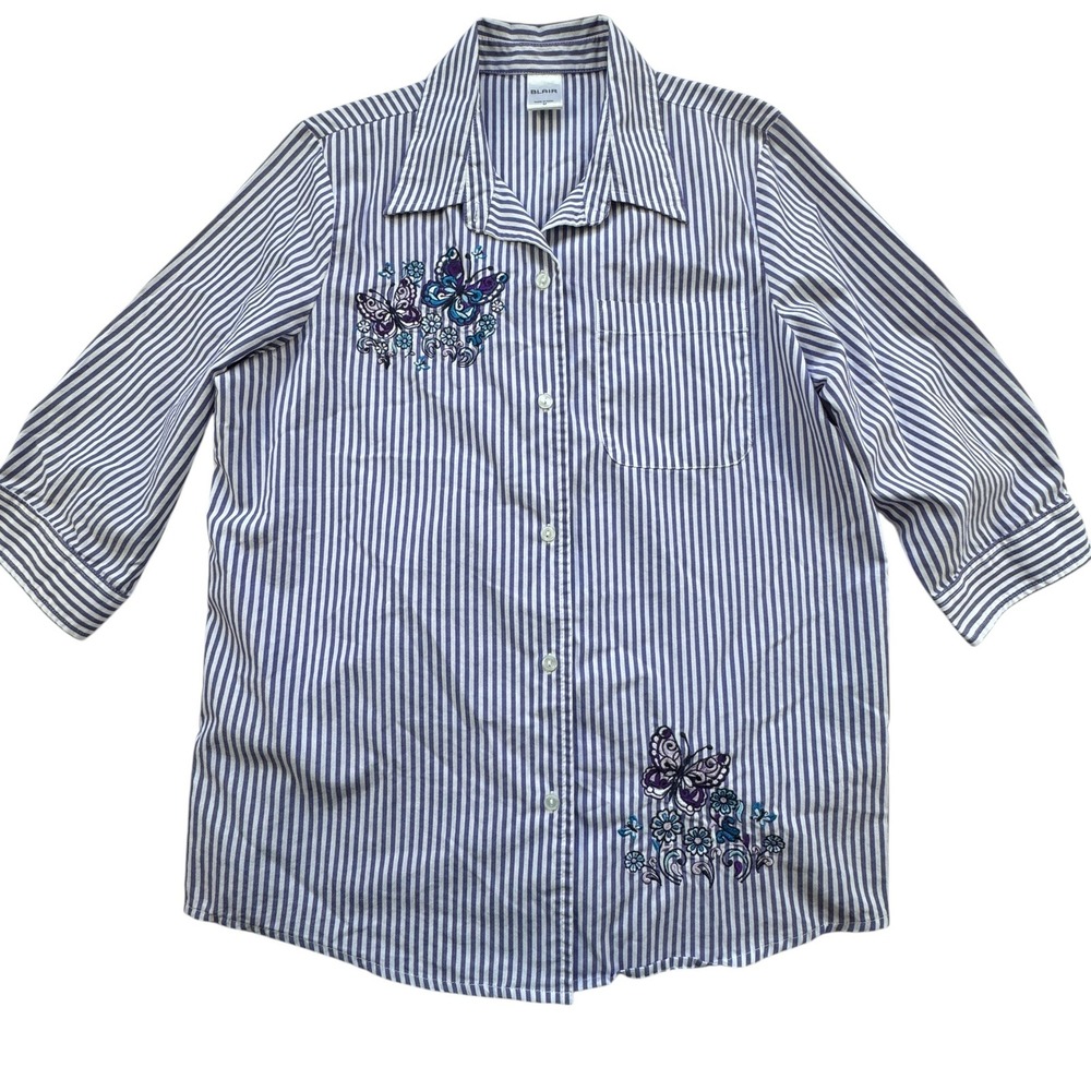 Blair Butterfly Embroidered Button Shirt Womens M Purple White Stripe 3/4 Sleeve